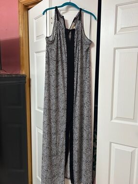 Michael Kors Black White Abstract Print Keyhole Maxi Dress Gold Logo 1X
